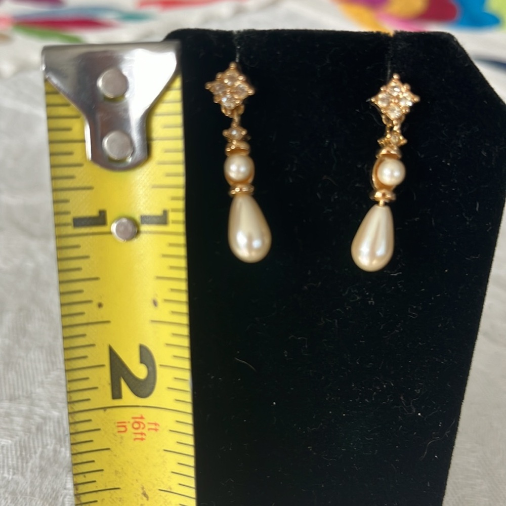 🏷️ Vintage Gold Pearl & Diamond Dangle Earrings - Picture 3 of 8